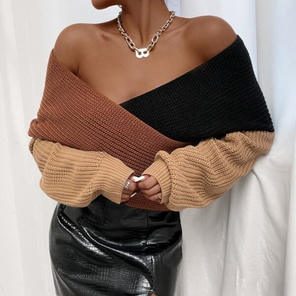 Multi Color Cut And Sew Drop Shoulder Crop Sweater - Picture 6 of 8